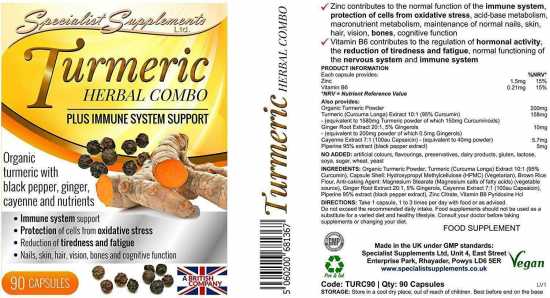 Organic Curcumin Turmeric Herbal Immune System Support 90 caps 30 days supply