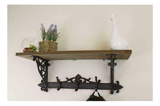 Ornate Wooden Rustic Wall Shelf with Cast Iron Coat Hooks Home Hall Decor Gift