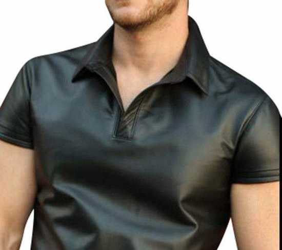 Men's Real Sheep Leather Short Sleeve Shirt Black New Style Party Club Shirt