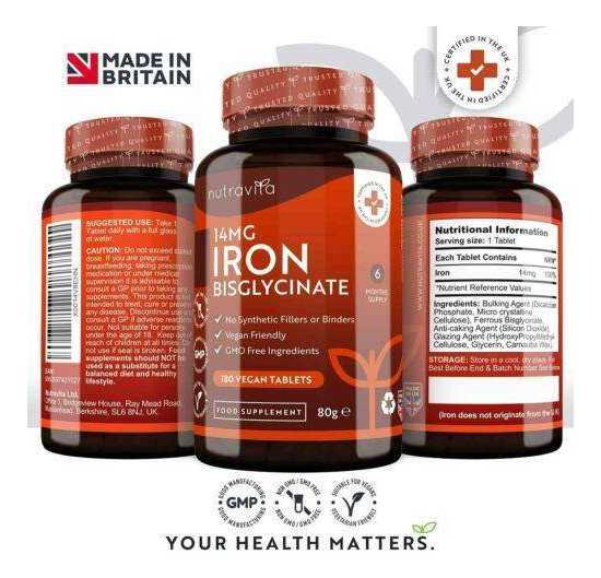 Iron Bisglycinate 14mg – 180 Vegan Tablets – Contributes to immune system