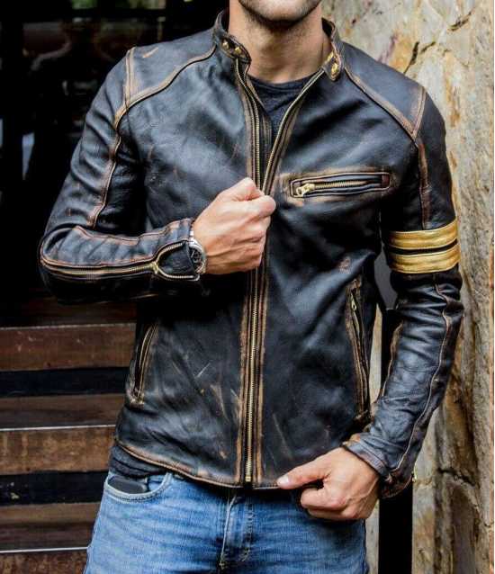 Men’s Motorcycle Biker Vintage Cafe Racer Distressed Real Leather Jacket