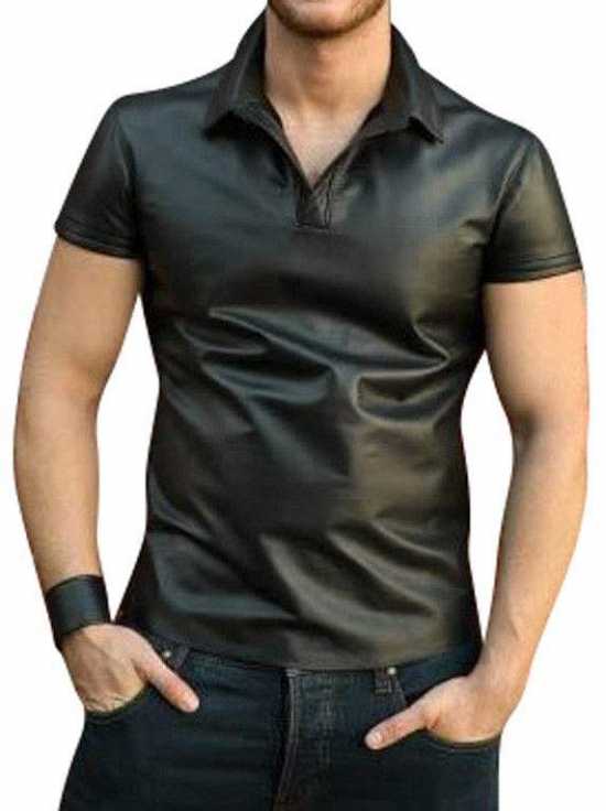 Men's Real Sheep Leather Short Sleeve Shirt Black New Style Party Club Shirt