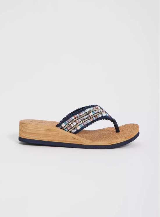 Navy Wood Effect Toe Post Wedge Sandal - M