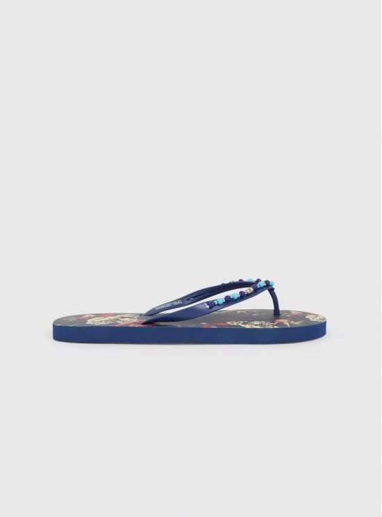 Navy Floral & Beaded Print Toe Post Flip Flops - L