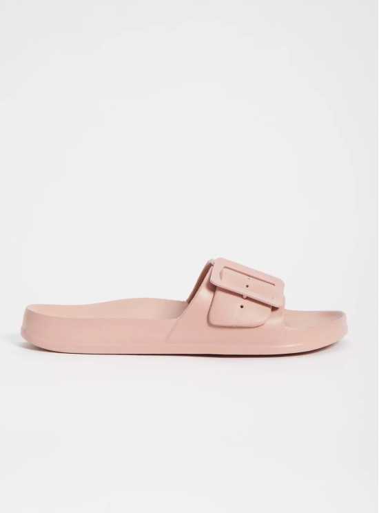 Pink Open Toe Buckle Pool Sliders - 7