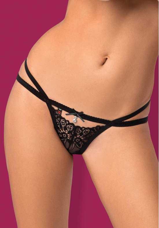 Obsessive Lingerie [ UK 12 - 18 ] Black Lace Strappy Thong & Diamante Bow...