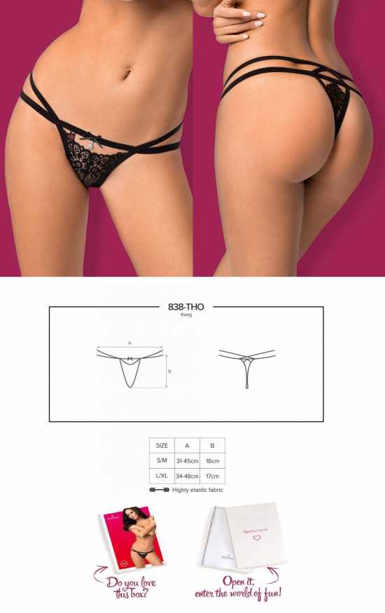 Obsessive Lingerie [ UK 6 - 12 ] Black Lace Strappy Thong & Diamante Bow (838...