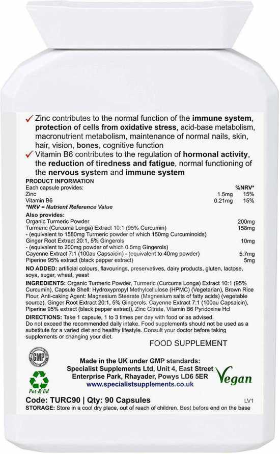 Organic Curcumin Turmeric Herbal Immune System Support 90 caps 30 days supply